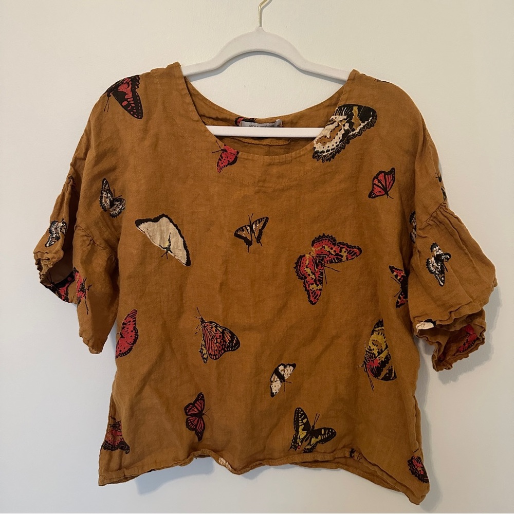Viola Borghi Italian Linen Butterfly Print Top, Size Medium